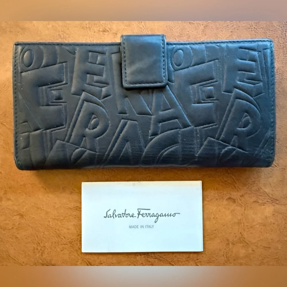 Salvatore Ferragamo Embossed Leather Long Wallet Black Made in Italy - Picture 9 of 11